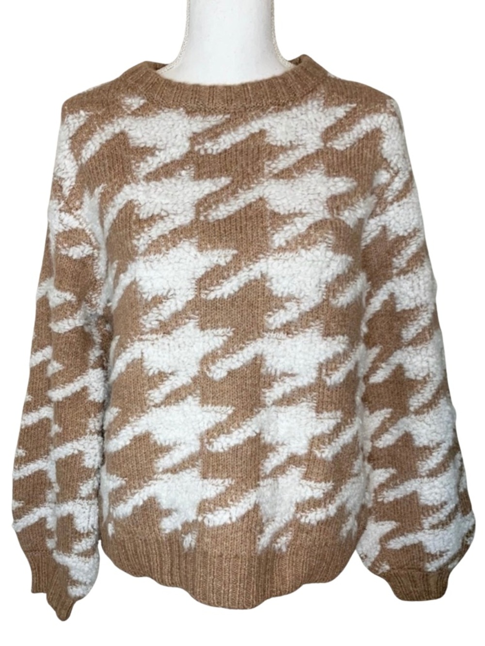 NWT Line and Dot Houndstooth Crew Neck Sweater Tan White‎ Women Size Small